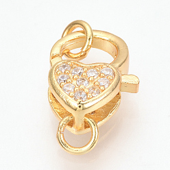 Golden Brass Micro Pave Cubic Zirconia Lobster Claw Clasps, with Jump Rings, Heart, Golden, 14x11x6mm, Hole: 3mm