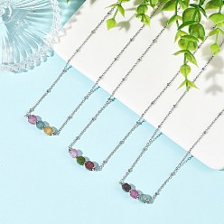 Stainless Steel Color Natural Multicolor Tourmaline Faceted Cube Beads Pendant 304 Stainless Steel Satellite Chain Necklacs for Women, Stainless Steel Color, 15.79 inch(40.1cm)