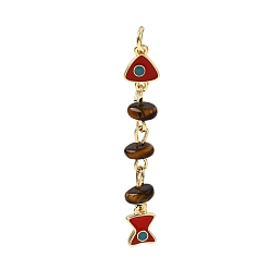 Tiger Eye Ocean Natural Tiger Eye Chip Pendants, Brass Enamel Fish Charms, Rack Plating, Long-Lasting Plated, Cadmium Free & Lead Free, Real 18K Gold Plated, Red, 42x7x6~6.5mm, Hole: 3.5mm