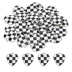 Черный 40 шт. Подвески из сплава эмали, сердце с подвесками в клетку, платина, чёрные, 18x16x1.7 мм, отверстие : 1.6 мм