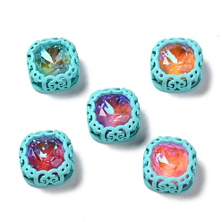 Голубой Шить на горный хрусталь, флуоресцентный стиль мокко, стекло горный хрусталь, с латунной фурнитурой , аксессуары для одежды, квадрат, разноцветные, голубой, 12.5x12.5x6 мм