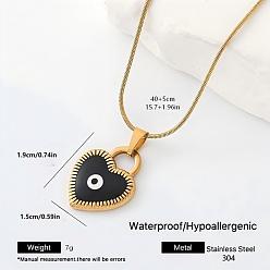 Black 304 Stainless Steel Enamel Evil Eye Heart Pendant Necklaces for Men Women, Golden, Black, 15.75 inch(40cm)