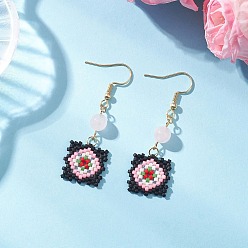 Розовый Кварц Серьги-подвески ручной работы из стеклянных бусин с узором «окно-решетка», с розовым кварцем бисера, золотые, 51.5x16.5 мм