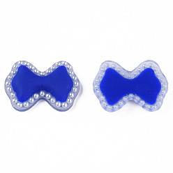 Medium Blue Acrylic Cabochons, with ABS Plastic Imitation Pearl Beads, Bowknot, Medium Blue, 18x24.5x4.5mm