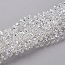 Clear Glass Beads Strands, Pearl Luster Plated, Crystal Suncatcher, Faceted Rondelle, Clear, 10x7mm, Hole: 1mm, about 70~72pcs/strand, 18 inch