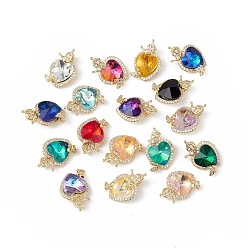 Mixed Color Real 18K Gold Plated Rack Plating Brass Micro Pave Clear Cubic Zirconia Pendants, with Glass, Long-Lasting Plated, Cadmium Free & Lead Free, Heart & Butterfly Charm, Mixed Color, 23x15x9mm, Hole: 5x2.5mm