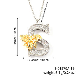 Letter S Подвеска в виде пчелы с микропаве из прозрачного кубического циркония в виде микрофибры, латунная, с инициалами., платиной и золотом, Письмо с, 15.75 дюйм (40 см), Кулон : 30x24 мм