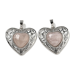 Rose Quartz Natural Rose Quartz Peach Love Heart Pendants, Rack Plating Brass Hollow Heart Charms, Cadmium Free & Lead Free, 29.5x30.5x7.5mm, Hole: 7.5x5mm