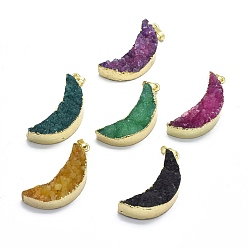 Mixed Color Natural Druzy Agate Pendants, Edge Golden Plated, with Golden Tone Brass Finding, Moon, Dyed & Heated, Mixed Color, 33~34x14~14.5x8.5~11.5mm, Hole: 3.5x6mm