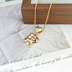 Letter R Женские подвески в форме сердца с латунным паве из разноцветных кубических цирконий, золотые, Буква R, 15.75 дюйм (40 см)