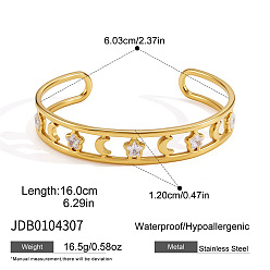 Moon 304 Stainless Steel Pave Clear Cubic Zirconia Hollow Open Cuff Bangles for Women, Real 18K Gold Plated, Moon with Star, Inner Diameter: 2.37 inch(6.03cm)