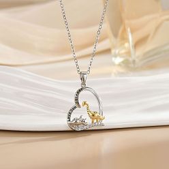 Dinosaur Подвеска в виде сердца из двухцветной латуни с микропаве и прозрачными кубическими циркониями в виде кабеля, подарок на День матери, для женщин., платиной и золотом, динозавр, 15.75 дюйм (40 см)