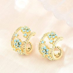 Himmelblau Messing Micro pave Zirkonia Manschette Ohrringe, Blume, Gestell, langlebig überzogen, echt 18 k vergoldet, Bleifrei und cadmium frei, Himmelblau, 18x10 mm