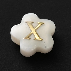 Letter X Натуральные белые ракушки, золотые эмалевые бусины с буквами, Письмо X, 8x4.5 мм, отверстие : 0.8 мм