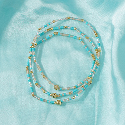 Turquoise Boho Round Brass and Glass Seed Beaded Stretch Stackable Bracelet Sets, Golden, Turquoise, 6.50 inch(16.5cm), 3pcs/set