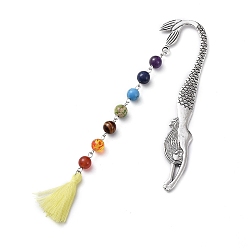 Yellow Tibetan Style Alloy Bookmarks, with Gemstone Beads Chains, Cotton Thread Tassel Pendant Decorations, Mermaid, Yellow, 165mm