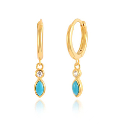Golden S925 Sterling Silver Teardrop Hoop Earrings, with Turquoise Cubic Zirconia, Golden, 20x3x10mm