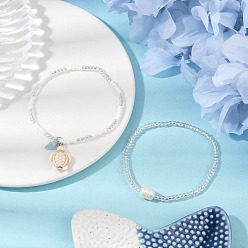 Белый Стеклянные бусины эластичные браслеты для женщин, с натуральным культивированным пресноводным жемчугом и бусинами из синтетической бирюзы, черепаха, белые, внутренний диаметр: 2-3/8~2-1/2 дюйм (6~6.5 см), 2 шт / комплект