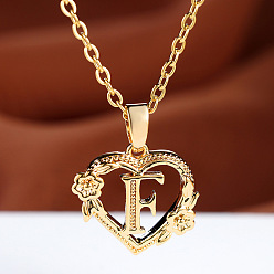 Letter F Цепочка из латуни с подвеской в виде сердца в форме розы и буквы, золотые, Буква F, 17.72 дюйм (45 см)