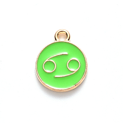 Cancer Alloy Enamel Pendants, Cadmium Free & Lead Free, Flat Round with Constellation, Light Gold, Pale Green, Cancer, 22x18x2mm, Hole: 1.5mm