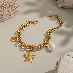Золотой Пляжный стиль 304 браслеты с подвесками из нержавеющей стали, браслеты-цепочки для женщин, морская звезда и форма раковины, золотые, 6-3/4 дюйм (17 см)