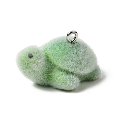 Tortoise Флокированные подвески из непрозрачной смолы, с платиновыми тоновыми железными петлями, зеленый лайм, черепаха, 16x21x28 мм, отверстие : 2 мм