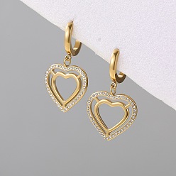 Golden 304 Stainless Steel Micro Pave Cubic Zirconia Hoop Dangle Earrings, Heart, Golden, 34x19mm