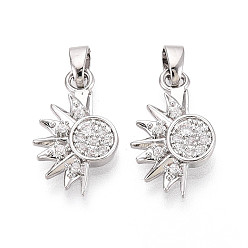 Платина Латунные микропаве прозрачные кубические циркониевые подвески, солнечные чары, платина, 18x11x2 мм, отверстие : 4.5x2.5 мм