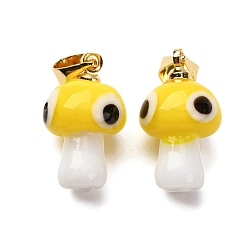 Желтый Подвески лэмпворк ручной работы, гриб, с реечной накладкой из латуни с золотистым напылением, долговечный, желтые, 16~17x9.5~10.5 мм, отверстие : 4.5x3.5 мм