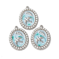 Oval 304 нержавеющей стальной эмали подвески, с абс пластмассовыми жемчужными бисером, птица, овальные, 26.5x19.5x2.5 мм, отверстие : 1.2 мм