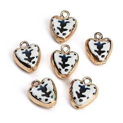 Marina Azul Porcelana estampada hecha a mano con colgantes de latón., corazón con dijes de flores, dorado, azul marino, 18.5x15x7.5~8 mm, agujero: 2.5 mm