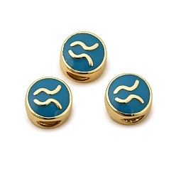Телец Латунные бусины, с эмалью, плоские круглые с созвездием, реальный 18 k позолоченный, Плут синий, Телец, 10x5 мм, отверстие : 4.5x2.5 мм