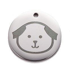 Stainless Steel Color Non-Tarnish Stainless Steel Pendants, Manual Polishing, Flat Round with Dog, Stainless Steel Color, 20x1.4mm, Hole: 1.6mm