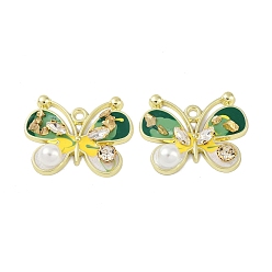 Green Rack Plating Alloy Enamel Pendants, with Resin, ABS Imitation Pearl Beads, Rhinestone and Glass Beads, Cadmium Free & Nickel Free & Lead Free, Butterfly, Green, 29x37.5x8mm, Hole: 2.5mm