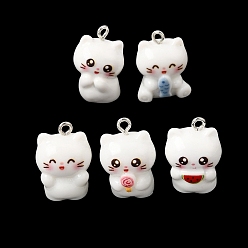 White Opaque Resin Pendants, Cat Shape Charm, with Platinum Iron Loops, White, 20.5~22x14.5~16x12.5~13.5mm, Hole: 2mm