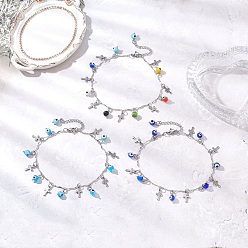 (52) Непрозрачная лаванда 3 шт. 3 цвета ручной работы, лэмпворк с эффектом сглаза и 304 браслеты на ногу из нержавеющей стали с крестообразными звеньями и кисточками для женщин, цвет нержавеющей стали, разноцветные, 9 дюйм (227 мм), 1 шт / цвет