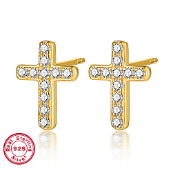 Cross 925 серьги-гвоздики из стерлингового серебра со стразами, реальный 18 k позолоченный, с с s925 штампом, крестик, 10x8 мм
