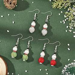 Mixed Color Christmas Handmade Polymer Clay Rhinestone Dangle Earrings, Snowman, with ABS Plastic Imitation Pearl Round Beads, 304 Stainless Steel Earrings for Women, Mixed Color, 47x10mm