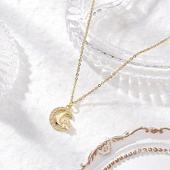 Луна Колье с кулоном из латуни с прозрачным кубическим цирконием, 304 колье из нержавеющей стали, луна, 15.55 дюйм (39.5 см), луна: 17x14.5