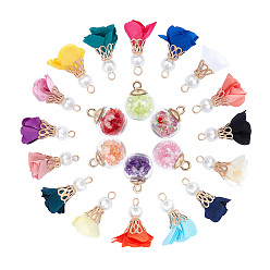 Mixed Color Flower Iron Pendants, with Cloth and ABS Plastic Imitation Pearl, Glass Ball Pendants, with Rhinestone and CCB Plastic Findings, Mixed Color, 60pcs/set