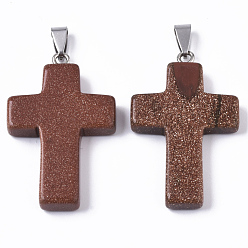 Камень с Пылевым Золотом Синтетические голдстоуновские подвески, со случайной защелкой из нержавеющей стали, крестик, 44~46x27~29x6~8 мм, отверстие : 4x8 мм