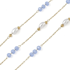 Васильковый 304 кабельные цепи из нержавеющей стали, со стеклом и АБС-пластиком, имитация жемчуга, ионное покрытие (ip), реальный 18 k позолоченный, пайки, с катушкой, круглый с овалом, васильковый, 9.5x3.5 мм, около 32.81 футов (10 м) / рулон