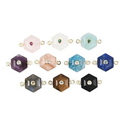 Смешанные камни Граненые натуральные звенья из смешанного камня, вырезанные из камня, шестиугольник с латунной микропаве, прозрачными кубическими циркониями и латунной фурнитурой., золотые, стойки покрытие, 17x27x8 мм, отверстие : 2 мм