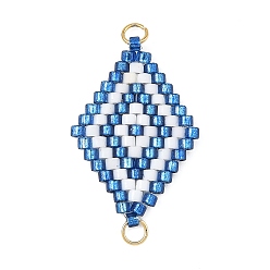Azul Encantos del conector de cuentas de semillas de vidrio, enlaces de rombo, con tono dorado 304 trabillas de acero inoxidable, azul, 27.5x18.5x2 mm, agujero: 2.5 mm