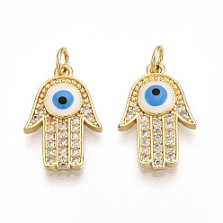 Прозрачный Латунные микро проложить кубического циркония подвески, без кадмия и без свинца, с эмалью, реальный 18 k позолоченный, с целью перехода в кольце, Хамса руку с дурным глазом, прозрачные, 18~19x12x3 мм, отверстие : 3~3.5 мм