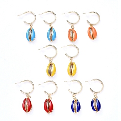 Mixed Color Brass Dangle Stud Earrings, with Alloy Enamel Beads and Plastic Ear Nuts, Cowrie Shell Shape, Mixed Color, 45~46mm, Pin: 0.8mm