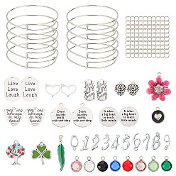 Antique Silver DIY Word Theme Bangle Making Kits, with Alloy Pendants, Glass Charms, Adjustable Brass Bangle Making, Antique Silver, 2-3/4 inch(70mm), 2mm, 10pcs/set