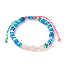 Sky Blue Adjustable Nylon Thread Braided Bead Bracelets, with Polymer Clay Heishi Beads, Natural Pearl Beads and Brass Round Beads, Golden, Sky Blue, Inner Diameter: 2-1/8 inch(5.5cm)