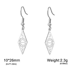 Stainless Steel Color 304 Stainless Steel Rhombus Dangle Earrings for Women, Star Moon, Stainless Steel Color, 26x10mm