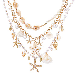 Золотой 3 шт. 3 стили ожерелья с подвесками из сплава «морская звезда» и АБС-пластика с имитацией жемчуга и ракушек для женщин, золотые, 14.65~17.32 дюйм (37.2~44 см), 1 шт / стиль